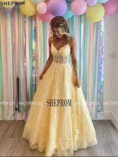 Buy Beautiful Long Tulle Lace Yellow Prom Dress Sleeveless With Sheer Bodice id#TZ1312 at SheProm. SheProm.com is an online store with thousands of formal dresses. Shop 100% authentic prom dresses with free standard shipping. Prom Dress Yellow, Yellow Formal Dress, Lace Long Prom Dress, Yellow Prom, Prom Dresses Long Lace, Backless Evening Dress, Prom Dresses Yellow, Spaghetti Strap Prom Dress, Prom Dresses Sleeveless