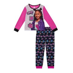 Lay Lay Girls Long Sleeve Pajamas Set, Size XS (4-5) Color Black  Calling all Lay Lay fans! This 2-piece Lay Lay pajama set is the perfect for sleep set for lounging around the house and watching That Girl Lay Lay. Included in the sleep set is a long sleeve top with contrast sleeves and an all-over printed jogger pant with contrast rib cuffs. The long sleeve top is made of a soft polyester jersey that will keep her comfortable all night long. The jogger pant is made of a cozy polyester brushed j Black Kids In Pajamas, Boys Christmas Pajamas, Lay Lay, Flannel Coat, Long Sleeve Pajamas, Kids Flannel, Toddler Pajamas, Winter Pajamas, Shirt Pant Set