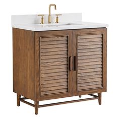 a wooden cabinet with two doors and a sink