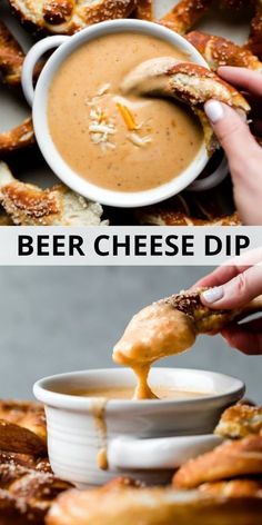 beer cheese dip with pretzels and dipping sauce