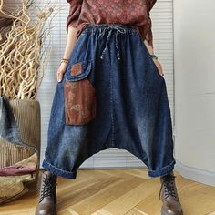 Retro Personalized Loose Denim Harem Pants with Elastic Waist for Women Low Waisted Pants, Commuter Style, Pants With Elastic Waist, Drop Crotch Pants, Harem Pants Women, Custom Denim, Wide Trousers, Pants Design, Etsy Jewelry