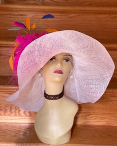 "✿*.Key Features.*✿ This is a wide loopy brim Hat with a big feather flower, fashion, elegant, beautiful. Great for Kentucky derby, weddings, church, Easter, Royal Ascot, horse races, cocktails, tea party, or any hat wearing occasion. Hat base size: From front to back appr: 20.5\" (52cm) From left to right appr: 20.5\" (52cm) Wide brim Appr: 6.5~8\"\" Head girth: 22.5\"(57cm), adjustable string inside to make smaller to fit your head. If you want other colors in this style, just search the same White High Crown Mini Hats For Church, White High Crown Fascinator For Races, White Whimsical Hat For Royal Ascot, Whimsical White Hat For Royal Ascot, Mini Hats For Kentucky Derby Celebration, White High Crown Mini Hat For Races, Whimsical White Short Brim Hats, Whimsical White Hat Headpiece, Pink Wide Brim Mini Hat In Sinamay