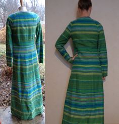 "This is amazing vintage dress! It is handmade unique garment! Made of heavyweight striped cotton in green, blue and yellow colors. The dress has slim fit silhouette, raglan sleeves, front button closure, side zipper (waist), green lining. Without any tags, because it is old handmade item. Size XS, S UK8, Eur 36, US 4-6 To fit bust ~33\"-34\" To fit waist ~26\"-28\" To fit hip ~34\"-36\" In good vintage condition, AS IS, comes from smoke-free home. Measures taken flat: Bust: ~35\" (88cm) Waist: Green Cotton Lined Dress, Vintage Long Sleeve Striped Dresses, Fitted Bohemian Striped Dress, Bohemian Fitted Striped Dress, Bohemian Striped Fitted Dress, Vintage Long Green Dress, Vintage Green Cotton Dress, Long Green Cotton Dress, Raglan Sleeve Dress