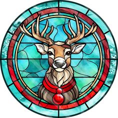 a stained glass window with a deer in the center and a red ball on it