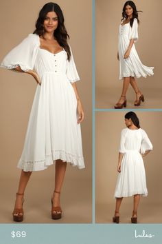 Our summer love has finally arrived in the form of the Lulus My Darling Love White Three-Quarter Sleeve Handkerchief Dress! Woven crepe fabric shapes this dress with a V-neckline and breezy, three-quarter sleeves with ruffled trim at the shoulders. A lightly gathered bodice, with a brown faux button placket, tops an elasticized waist before falling to a midi skirt with a handkerchief hem. Floral crochet trim accents the sleeves and hem. Fit: This garment fits true to size. Length: Knee to mid-ca A-line Rayon Dress For Vacation, Flowy A-line Sundress For Brunch, Flowy A-line Breezy Dress, White Flowy Rayon Maxi Dress, Flowy Breezy Rayon Midi Dress, Flowy A-line Midi Dress In Viscose, Flowy Midi Sundress For Brunch, Flowy Short Sleeve Midi Dress In Breezy Style, Flowy Breezy Midi Dress With Short Sleeves