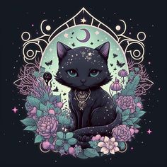 a black cat sitting in front of a full moon with flowers and stars around it