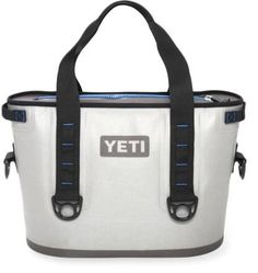 the yeti cooler bag has two handles and is grey with blue trimmings