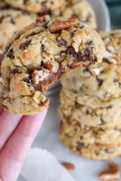 a hand holding up a chocolate chip cookie