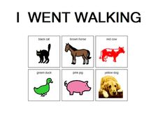 an animal poster with the words i went walking on it and pictures of farm animals