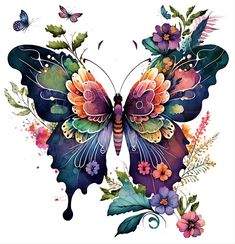 a colorful butterfly with flowers and leaves on it's wings, painted in watercolor