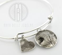 TWO Dog Nose Print Charms in Pure Silver, ONE sterling silver bangle bracelet - Maya Belle Jewelry Adjustable Silver Jewelry With Paw Print, Adjustable Paw Print Jewelry Gift, Adjustable Paw Print Jewelry As Gift, Adjustable Paw Print Jewelry For Gift, Silver Paw Print Jewelry For Anniversary, Adjustable Sterling Silver Paw Print Jewelry, Adjustable Sterling Silver Jewelry With Paw Print, Adjustable Hand Stamped Sterling Silver Jewelry, Silver Jewelry With Paw Print For Anniversary