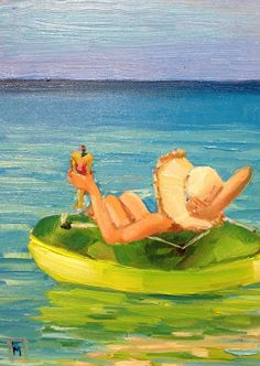 a painting of a woman floating on a raft in the ocean with a glass of wine