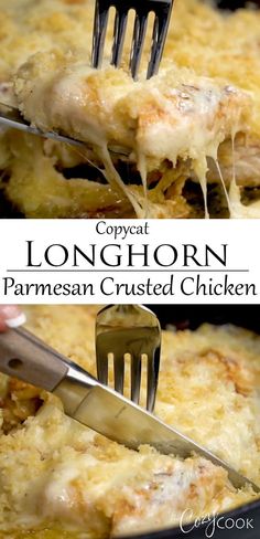 a close up of a person holding a fork with some food in it and the words, longhorn parmesan crusted chicken