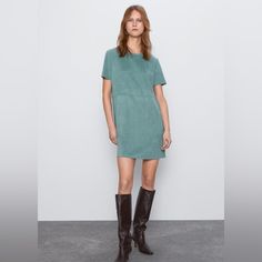 Zara Round Neck Mini Dress With Short Sleeves. Side Pockets. Armpit To Armpit 21”, Length 35”. Brand New With Tags Zara Green Suede Dress, Short Sleeve Shift Dresses For Fall, Casual Shift Mini Dress For Workwear, Casual Mini Dress In Sheath Style, Casual Shift Mini Dress, Spring Casual Sheath Mini Dress, Casual Spring Sheath Mini Dress, Casual Sheath Mini Dress For Spring, Casual Sheath Mini Dress