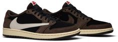 Travis Scott and Jordan Brand collaborate on an Air Jordan 1 Low . taking similar design cues from the high-top version. An oversized backward facing Swoosh is featured prominently on the lateral side of the shoe . while a regular Swoosh graces the medial side. Black and Dark Mocha nubuck dominate the upper . with a few pops of University Red adding a nice contrast. Travis Scott details are subtly placed on the shoe . with the ‘Cactus Jack’ logo appearing on the tongue . medial side Nike Travis Scott, High Top Jordans, Campus Adidas, Sneakers Vans, Wings Logo, Cactus Jack, Shoe Display, Sneaker Release, Air Jordan 3