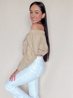 100% cotton 2 front flap pockets Off shoulder Front button detailing Button cuffs Sonika is 5'2, wearing a small Beige Cotton Tops With Button Cuffs, Summer Long Sleeve Tops With Flap Pockets, Long Sleeve Summer Tops With Flap Pockets, Casual Beige Top With Button Cuffs, Long Sleeve Tops With Flap Pockets For Summer, Casual Beige Tops With Button Cuffs, Trendy Long Sleeve Tops With Flap Pockets, Fitted Tops With Buttoned Pockets For Spring, Trendy Cotton Tops With Button Cuffs