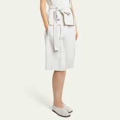 Proenza Schouler "Jenny" cotton linen suiting shorts with pintuck front High waist Side slip pockets; back flap pocket Straight legs Knee length Tab/zip fly; belt loops Cotton/linen Dry clean Made in Poland Linen Knee-length Shorts For Work, Knee-length Linen Bottoms For Workwear, Fitted Linen Knee-length Bottoms, Elegant Cotton Bermuda Shorts, Elegant Cotton Shorts With Pockets, Fitted Knee-length Linen Bottoms, Elegant Knee-length Cotton Bermuda Shorts, Elegant Short Linen Bottoms, Belted Knee-length Workwear Bottoms