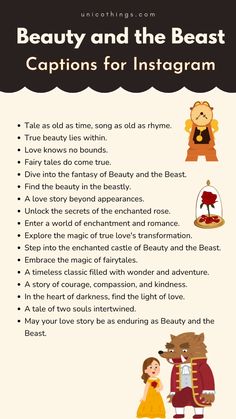 the beauty and the beast caption for instagram is shown in this graphic above