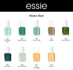 Essie Enamel Nail Polish Classic Greens/ Yellows 0.46oz Nail Polish Kit Essie, Essie Gel Couture Fall 2022, Essie Gel Couture Swatches 2022, Butter London Nail Polish Colors, Essie Gel Contour Matte Nail Polish, Essie Little Brown Dress, Best Nail Polish Names, Essie Woven With Wisdom, Gucci Nail Polish Colors