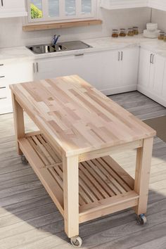 DIY wooden butcher block kitchen island on wheels Butcher Block Island On Wheels, Butcher Block Diy, Kitchen Butcher Block, Butcher Block Kitchen Island, Diy Butcher Block, Muebles Shabby Chic, Kitchen Island Tops, Butcher Block Island Kitchen