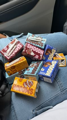 a pile of candy sitting on the back of a car seat