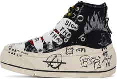 High-top canvas sneakers in black and white. Logo and graphics printed throughout. · Rubber cap toe · Double lace-up closure · Eyelets vents at inner side · Rubberized logo graphic patch at outer side · Zip fastening at heel · Hand-stitched rubber platform midsole · Treaded rubber outsole · Platform: H1.5 in Supplier color: Black graffiti checker Black Graffiti, Black And White Logo, Chain Strap Bag, Oversized Tote Bag, White Platform, Floral Shoes, Round Leather, Leather Cap, Moto Boots