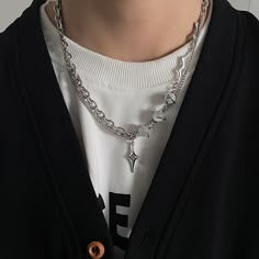 The model's height is 5' 7'' (170cm) and weighs 132 pounds (60kg) - Titanium Steel Mens Silver Chain Necklace, Mens Jewerly, Streetwear Jewelry, Jewelry Star, Edgy Jewelry, Multi Chain Necklace, Mens Silver Necklace, Star Chain, Jewelry Fashion Trends