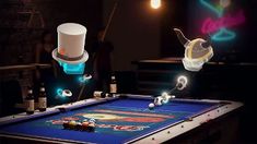 a pool table with some balls on it in a room filled with lights and other items