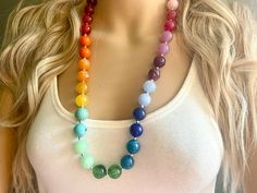 This is a very unique piece! It is ombré ROY G BIV style rainbow ball beads 🌈 About 20 inches of beading with a 10 inch extender chain. *Smoke and pet free home!* I ship 6 days a week! This particular set is READY TO SHIP! Thank you for browsing my store and supporting American small business! Check out my other items :) Rainbow Necklaces With Polished Round Beads, Rainbow Necklace With Large Beads, Rainbow Necklaces With Large Round Beads, Rainbow Necklace With Large Round Beads, Rainbow Polished Round Bead Jewelry, Rainbow Jewelry With Large Beads For Jewelry Making, Rainbow Single Strand Beaded Necklaces With Round Beads, Roy G Biv, Green Statement Necklace