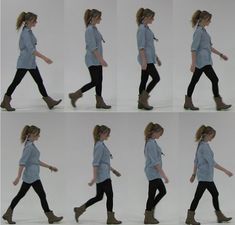 multiple images of a woman walking in various poses and motion steps, all wearing boots