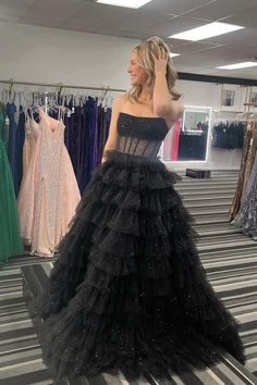 Sparkly Tulle Tiered Ruffles Gold Prom Dress Strapless Evening Dress PSK569-Pgmdress Prom Dress Strapless, Gold Prom Dress, Hot Prom Dress, Long Sleeve Homecoming Dresses, Ruffle Prom Dress, Gold Prom, Gold Prom Dresses, Strapless Evening Dress, Prom Dresses Yellow