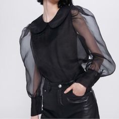 Brand New Organza Blouse Outfit, Organza Blouse, Lovely Clothes, Blouse Outfit, Pan Collar, Blouse Black, Peter Pan Collar, Zara Black, Zara Tops