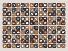 a large collection of icons in brown and white