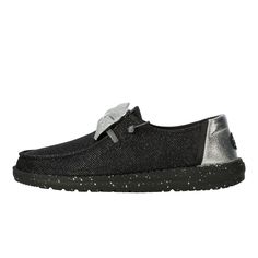 HEYDUDE | Women's Slip-Ons | Wendy Sparkle Bow - Black/silver | Size 8 - Sparkle it up in the Wendy Sparkle Bow. Complete with a super shiny textile top and a bow that brings the attention, these shoes are giving effortless glam with versatile, lightweight comfort whether you're strutting your stuff, dancing it up or just being a regular cool dude doing cool dude stuff.Shoe Specs: Sparkle top with bow Comfort cushioned ankle collar Easy-on lace system Travel ready Removable foam insoleRelaxed Fit: Ample roominess allows for laid-back, easygoing feel Women's Slip-ons Shoes, Wendy Sparkle Bow - Black/Silver, Hey Dude, HEYDUDE | Women's Slip-Ons | Wendy Sparkle Bow - Black/silver | Size 8 School Uniform Shoes, Sparkle Top, School Uniform Kids, Women's Slip Ons, Boots And Sneakers, Platform Sneakers, Sneaker Shopping, Shoe Sale, Girls Shopping