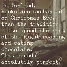 a man laying in bed next to a window with a quote on it that reads, in iceland, books are exchangeable on christmas eve then the tradition is to spend the rest