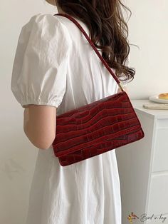 BirdinBag - Womens Red Crocodile-Patterned Purse: Handbag & Shoulder Bag Crocodile Pattern, Square Bag, Bags Shoulder, Shoulder Bags, Purse, Product Description, Shoulder Bag, Red, Pattern