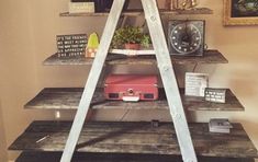 the ladder is made out of wood and has plants on it, along with other items