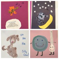 four children's handmade cards with pictures of animals and music notes on them