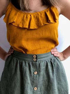 Linen Tops Women Summer Outfits, Linen Shirt Pattern, Linen Skirt Midi, Linen Tops, Midi Skirt With Pockets, Linen Top Women, Linen Shirts Women, Tailored Clothes, Skirt Pockets