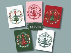 four christmas cards with different designs on them and the words setof 5 written below