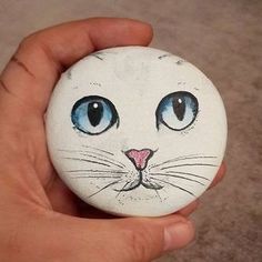 a hand holding a rock with a cat's face painted on it