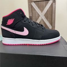 Brand New Still In Box Nike Mid 1 Black And Pink. Size 8 Womens Or 6 Youth! Nike Mid, Nike Shoes New, Nike Free Run 2, Womens Air Jordans, Nike Tennis Shoes, Training Sneakers, Nike Air Zoom Pegasus, Cycling Shoes, Workout Shoes