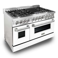 a white stove top oven with two burners on each side and one door open