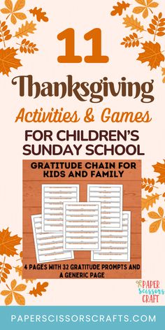 the thanksgiving activities and games for children's sunday school is featured in this flyer