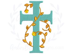 the letter f with leaves and vines is shown in this appliqued machine embroidery design