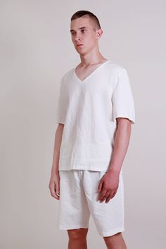 "Linen simple pajama set for men. Top short sleeved, v-neck, straight form. Top center back length - 27.5\" (70 cm). Shorts with elasticated waist and loose style. Shorts inside seam length - 11\" (28 cm). Pajama linen quality - washed and should not shrink any more. On picture S size model wears article in milky white linen size S. Other colors of item please find here: www.etsy.com/listing/538806706/linen-pajama-set-mens-shorts-and-top?ref=shop_home_active_1 www.etsy.com/listing/652170235/line White Relaxed Fit Tops For Home, Casual Relaxed Fit Tops For Home, Linen Relaxed-fit Sleep Tops, White Pajama Set, Linen Pajama Set, Mens Pajama, Shorts And Top, White Pajamas, Linen Pajamas