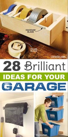 the cover of 28 brilliant ideas for your garage with pictures of various items in it