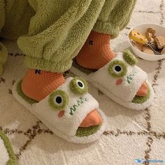 OrcaJump - Frog Cartoon Slippers - Vibrant Green & White - Available in 4 Sizes Cute Green Slippers With Round Toe, Playful Green Slippers With Round Toe, Frog Slippers, Frog Cartoon, Frog Plush, Cartoon Frog, Cat Slippers, Shark Slippers, Bear Slippers