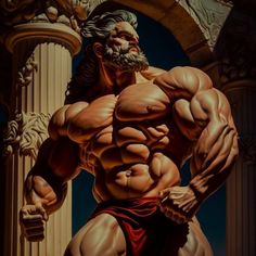 a painting of a man with muscles and a beard standing in front of a column