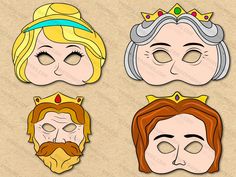 four paper cutouts of princesses with their faces in different shapes and sizes, all wearing crowns